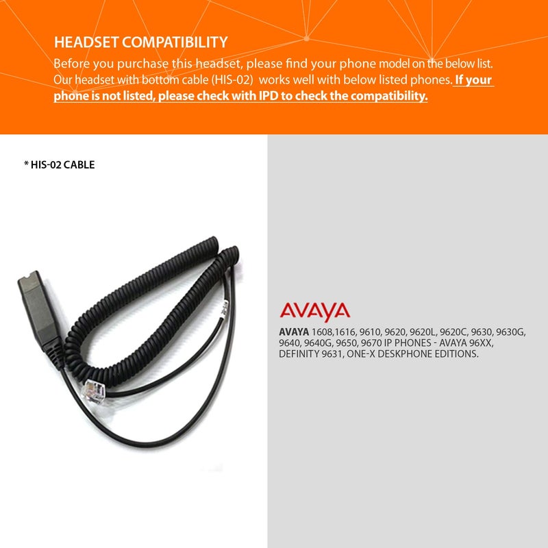 IPD IPH-255 Phone Headset with Noise Cancelling Microphone for Office and Call Center-Compatible with Avaya 1608 1616 9601 9608 9611 9611G 9620 9621 9630 9631 9640 9641 9650 9670 J139 J159 J169 J179 - Image 2